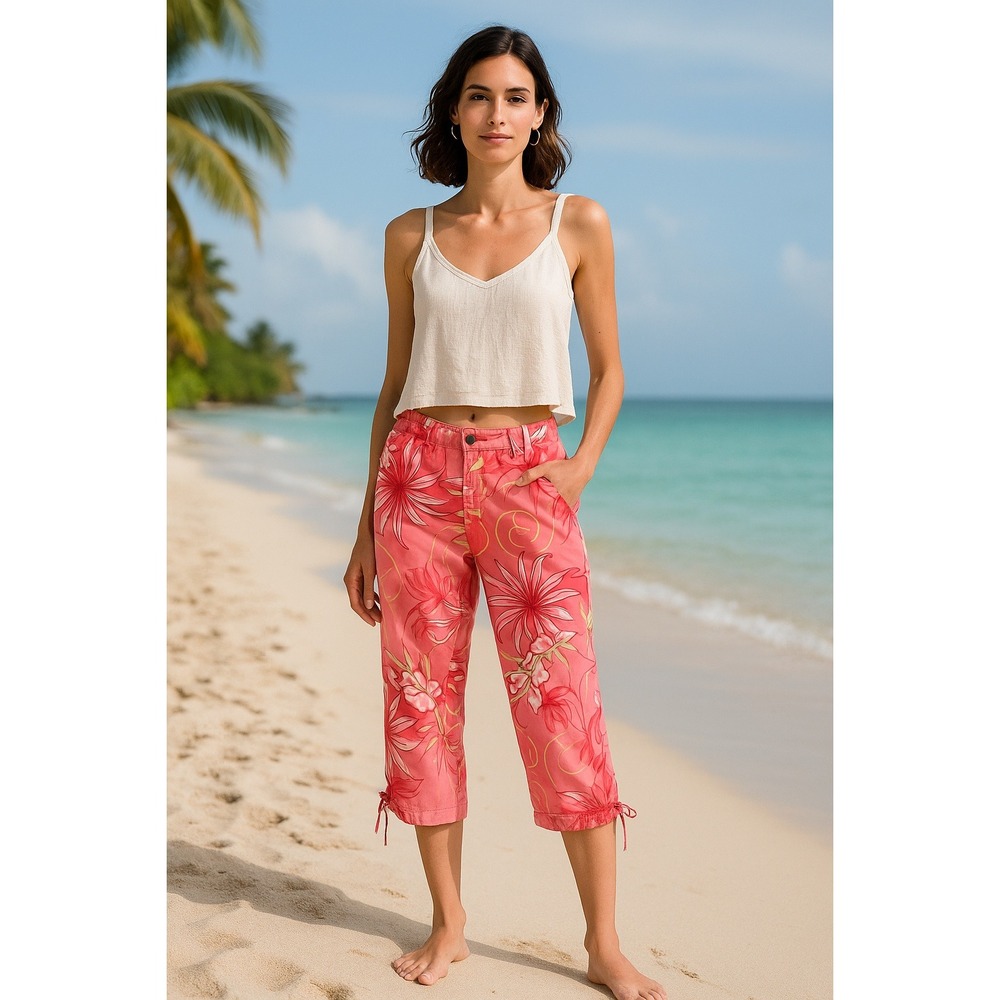 Island Winds Floral Capri Pants Women's Size 10 Pink Tropical Cropped Bloomcore